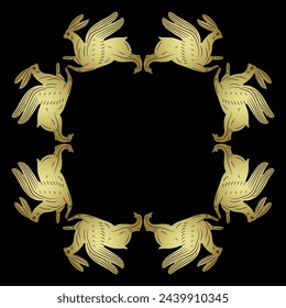 Square animal frame with running winged hares or rabbits. Easter design Ancient Greek or Roman ethnic motif. Golden glossy silhouette on black background.