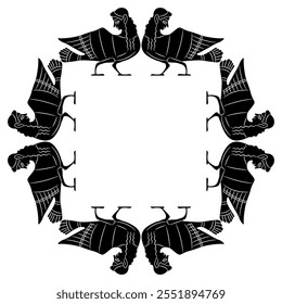 Square animal frame with Sirens or Harpies. Fantastic birds with women's heads. Ancient Greek ethnic design. Black and white silhouette. Vase painting style.