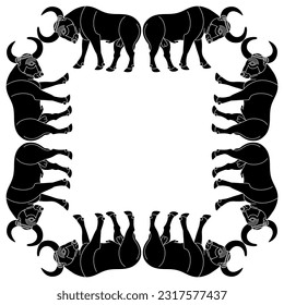 Square animal frame with stylized bulls. Ancient Egyptian motif. Black and white negative silhouette.