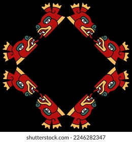 Square animal frame with stylized deer heads. Native American art of Aztec Indians from Mexican codex. On black background.