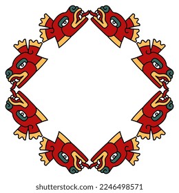 Square animal frame with stylized deer heads. Native American art of Aztec Indians from Mexican codex. Isolated vector illustration. 