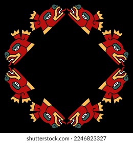 Square animal frame with stylized deer heads. Native American art of Aztec Indians from Mexican codex. On black background.