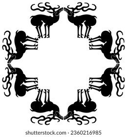 Square animal frame with stylized deer or elks. Ancient Siberian Scythian motif. Black and white silhouette.