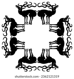 Square animal frame with stylized deer or elks. Ancient Siberian Scythian motif. Black and white silhouette.