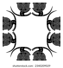 Square animal frame with stylized funny tabby kittens or cats with striped tails. Native American motif from ancient Paracas, Peru. Black and white silhouette.