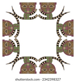 Square animal frame with stylized funny tabby kittens or cats with striped tails. Native American motif from ancient Paracas, Peru. Isolated vector illustration.