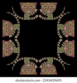 Square animal frame with stylized funny tabby kittens or cats with striped tails. Native American motif from ancient Paracas, Peru. On black background.