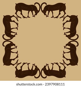 Square animal frame with stylized goats. Ancient Greek vase painting style.