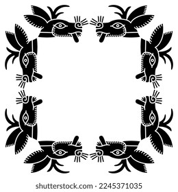 Square animal frame with stylized heads of deer or hare. Ethnic native American design of Aztec Indians from Mexican codex. Black and white silhouette.