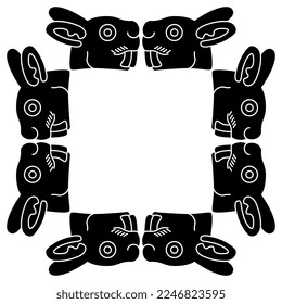 Square animal frame with stylized heads of rabbit or hare. Aztec symbol. Black and white silhouette.