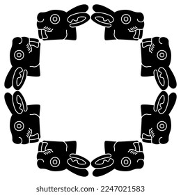 Square animal frame with stylized heads of rabbit or hare. Aztec symbol. Black and white silhouette.