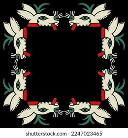 Square animal frame with stylized heads of deer or hare. Ethnic native American design of Aztec Indians from Mexican codex. On black background.