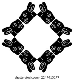 Marco de animal cuadrado con cabezas estilizadas de conejo o liebre. Símbolo azteca. Silueta blanca y negra.