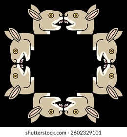 Square animal frame with stylized heads of a hare or rabbit. Ethnic Native American design from Mexican codex. On black background.