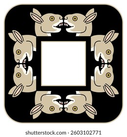 Square animal frame with stylized heads of a hare or rabbit. Ethnic Native American design from Mexican codex. On black background.