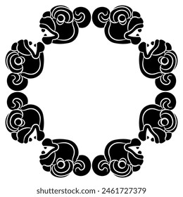 Square animal frame with stylized jaguar heads. Ethnic Native American art of Totonac Indians from ancient Veracruz, Mexico. Black and white silhouette.