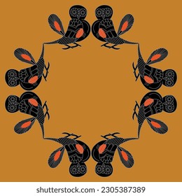 Square animal frame with stylized owl birds. Ancient Greek vase painting style.