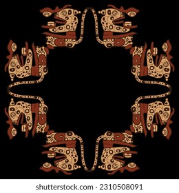 Square animal frame with stylized sitting jaguars. Native American ethnic art of Maya Indians. On black background.