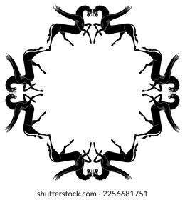 Square animal frame with winged horses. Medieval Russian folk style. Pegasus. Black and white silhouette.