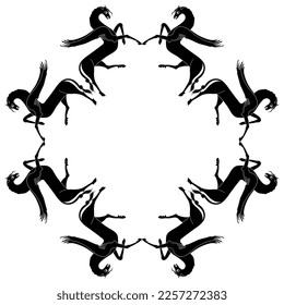 Square animal frame with winged horses. Medieval Russian folk style. Pegasus. Black and white silhouette.