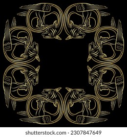 Square animal frame with winged medieval dragons. Illuminated manuscript style. Golden glossy silhouettes on black background.
