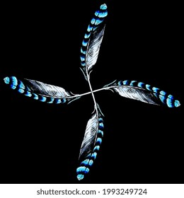 Square animal mandala or cross with four blue feathers of Eurasian jay bird. (Garrulus glandarius). On black background.