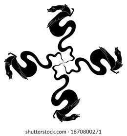 Square animal ornament with four medieval dragons or winged serpents. Snake cross. Black and white silhouette.