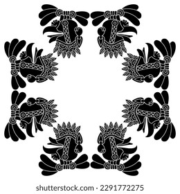 Square animal ornament or frame with heads of a vulture bird or turkey. Ethnic animal design of Aztec Indians from Mexican codex. Black and white silhouette.