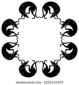 Square animal ornament or frame with scratching dogs. Ancient Greek style. Black and white silhouette. 