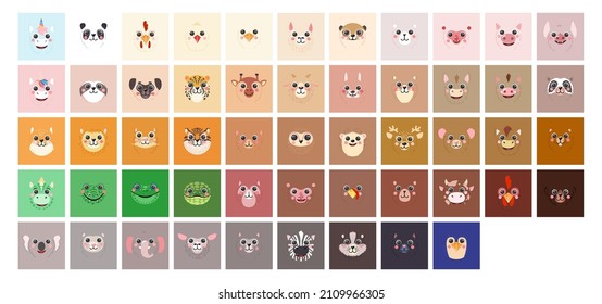 Square Animals Set Cute portraits cartoon avatar illustration flat vector cat, dog, lama, unicorn, tiger, bear, rabbit, donkey, frog, hen, sheep isolated on white for UI, app, mobile, kids poster