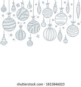 Square anner of row of hanging Christmas Baubles isolated on a white background. Outline vector illustration of border with gray hand drawn ball. Good for party posters, cards, website headers.