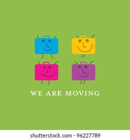 Square announcement of relocation with suitcases with smiling faces