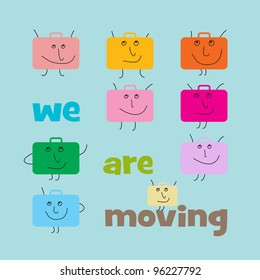Square announcement of relocation with suitcases with smiling faces