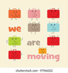 Square announcement of relocation with suitcases with smiling faces