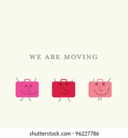 Square announcement of relocation with three suitcases with smiling faces