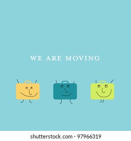 Square announcement of relocation with three suitcases with smiling faces