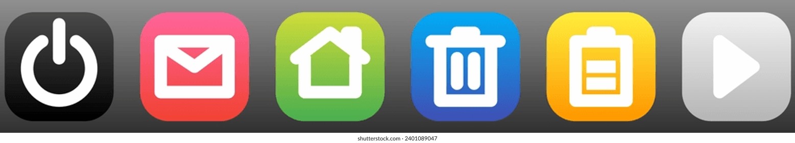 square app icon set, power, mail, home, delete, battery and play icon