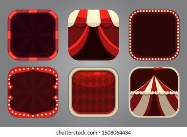 Square app icons in circus style. Festive frames. Vector assets for app logo design.