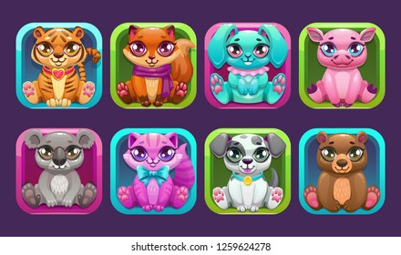 Square app icons with cute cartoon little pets. Vector animals collection.