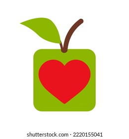 Square apple fruit with a heart inside. Abstract vector logo and icon. 