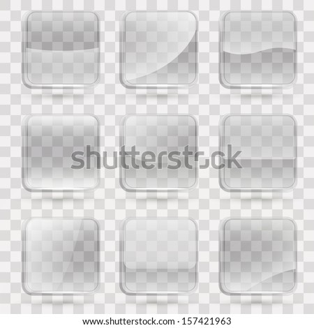 Square application transparent glass buttons or app banners with rounded corners and different gloss reflection effect over, eps10 vector