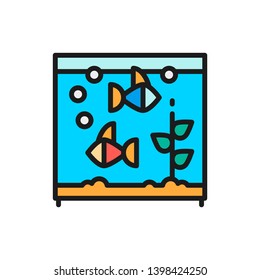 Square aquarium with fish flat color icon.