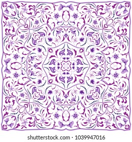 Square arabic pattern for the silk scarf, scarf, printing factory, carpet. Abstract ornament purple color. Vector illustration.