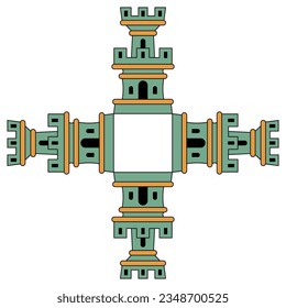 Square architectural cross shape design or frame with four medieval castle towers. Isolated vector illustration.