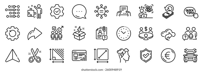 Square area, Ethics and Car line icons pack. Share, Message, Paper plane icons. Creative idea, Euro money, Difficult stress web icon. Receive file, Web report, Strategy pictogram. Vector