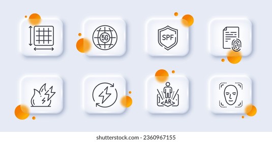 Square area, Face detection and Fingerprint line icons pack. 3d glass buttons with blurred circles. 5g internet, Fire energy, Augmented reality web icon. Vector