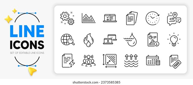 Square area, Fake news and Investment graph line icons set for app include Light bulb, Work, Web lectures outline thin icon. Team work, Internet search, Journey pictogram icon. Vector