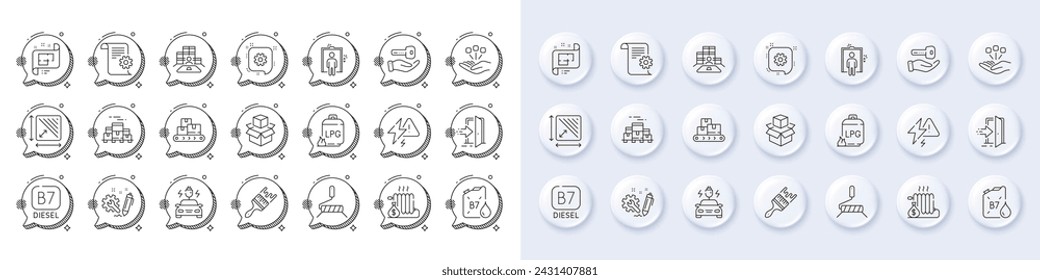 Square area, Inventory and Cogwheel line icons. White pin 3d buttons, chat bubbles icons. Pack of Entrance, Diesel canister, Architectural plan icon. Vector