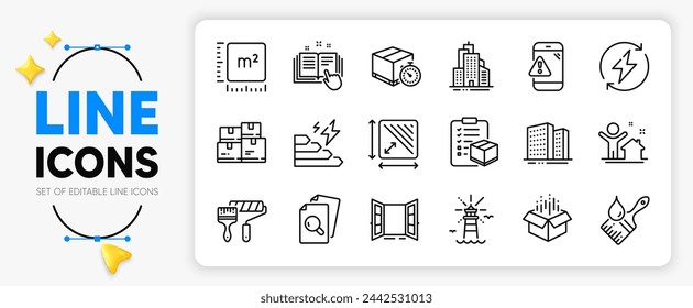 Square area, Lighthouse and Wholesale inventory line icons set for app include Square meter, Open door, New house outline thin icon. Open box, Paint roller, Delivery timer pictogram icon. Vector