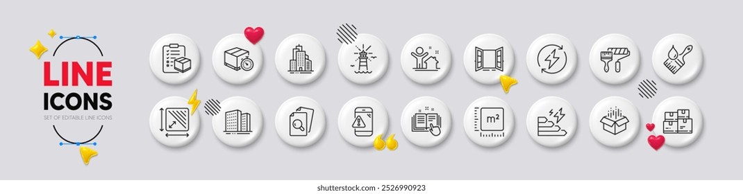 Área quadrada, Farol e Atacado ícones de linha de inventário. Botões brancos Ícones 3D. Pacote de metro quadrado, Porta aberta, ícone da casa nova. Caixa aberta, Cilindro de tinta, Pictograma do temporizador de entrega. Vetor